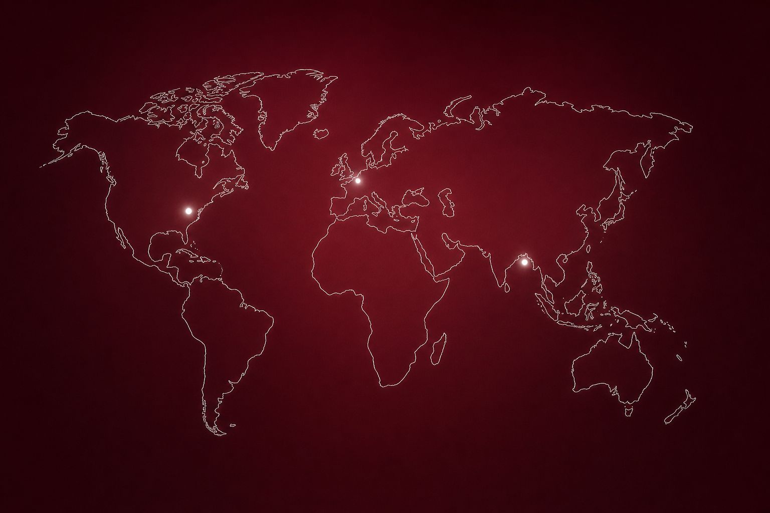 Abstract world map marking Doha, Washington D.C., and New York