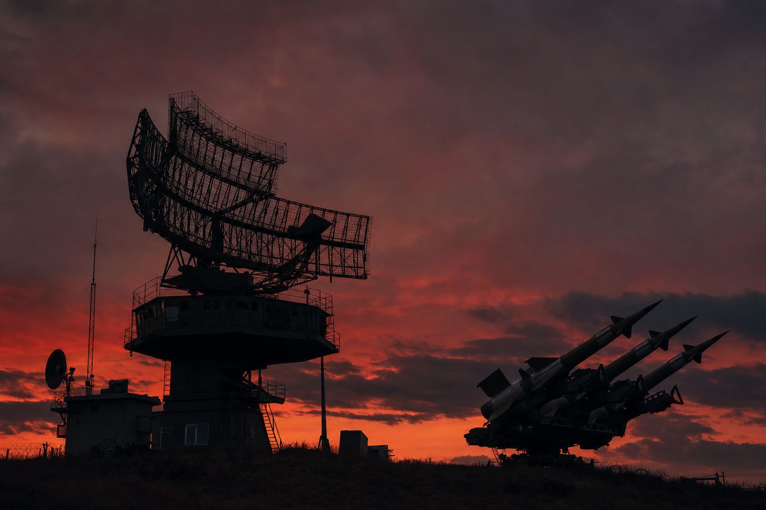 Air defense radar and interceptor installation at dusk