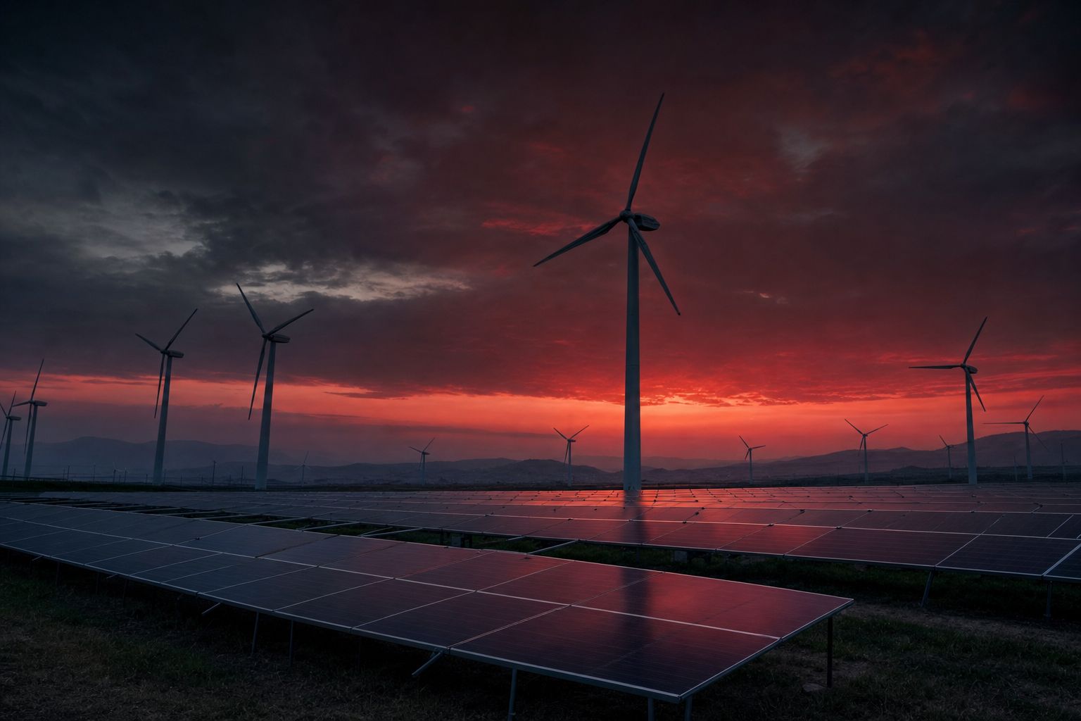 Wind turbines and solar panel field at dusk