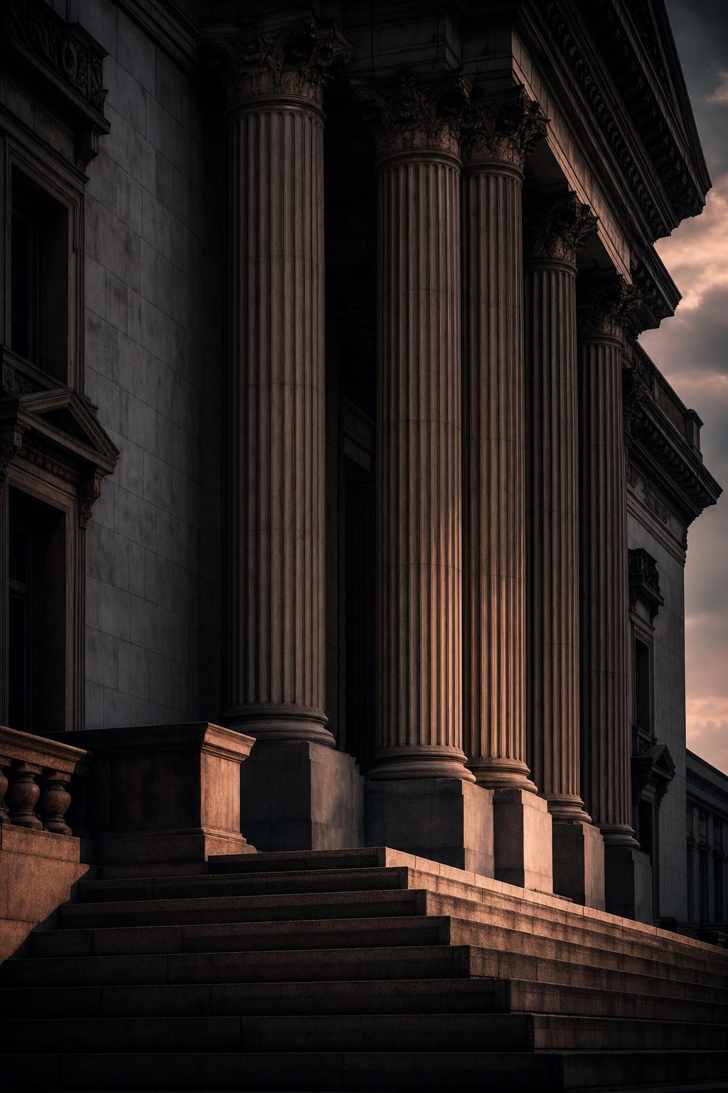 Grand government building columns at dusk