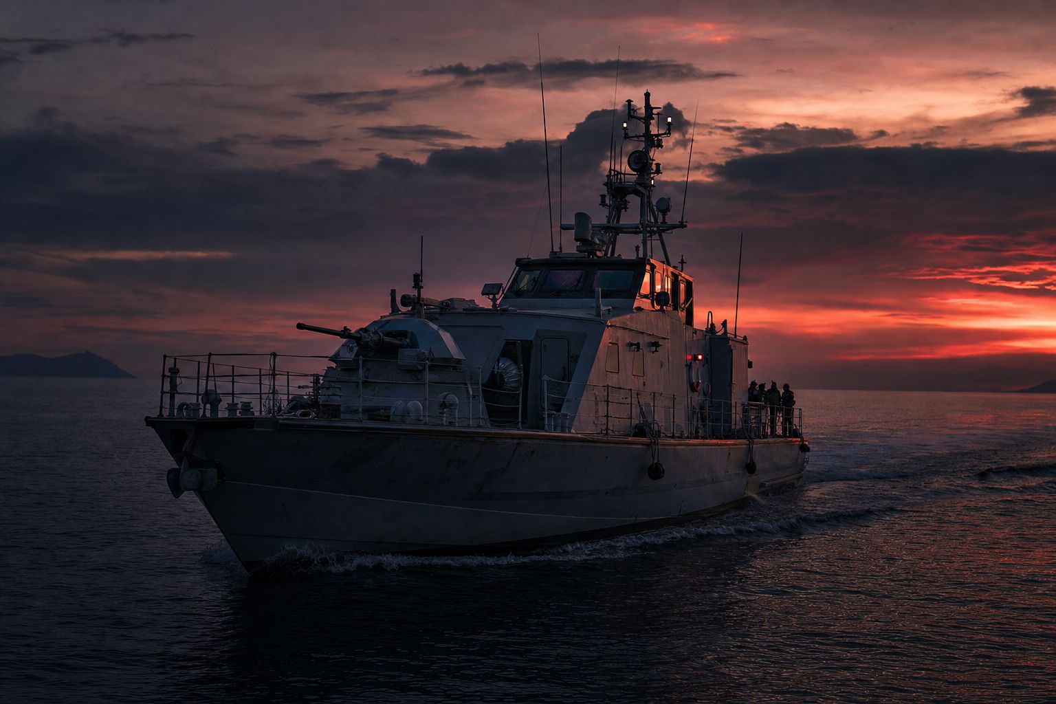 Naval security vessel patrolling open water at dusk